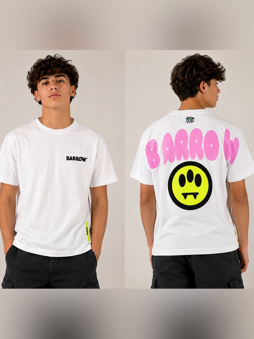 Arrow White T-Shirt with Pink Back Logo and Neon Yellow Smiley
